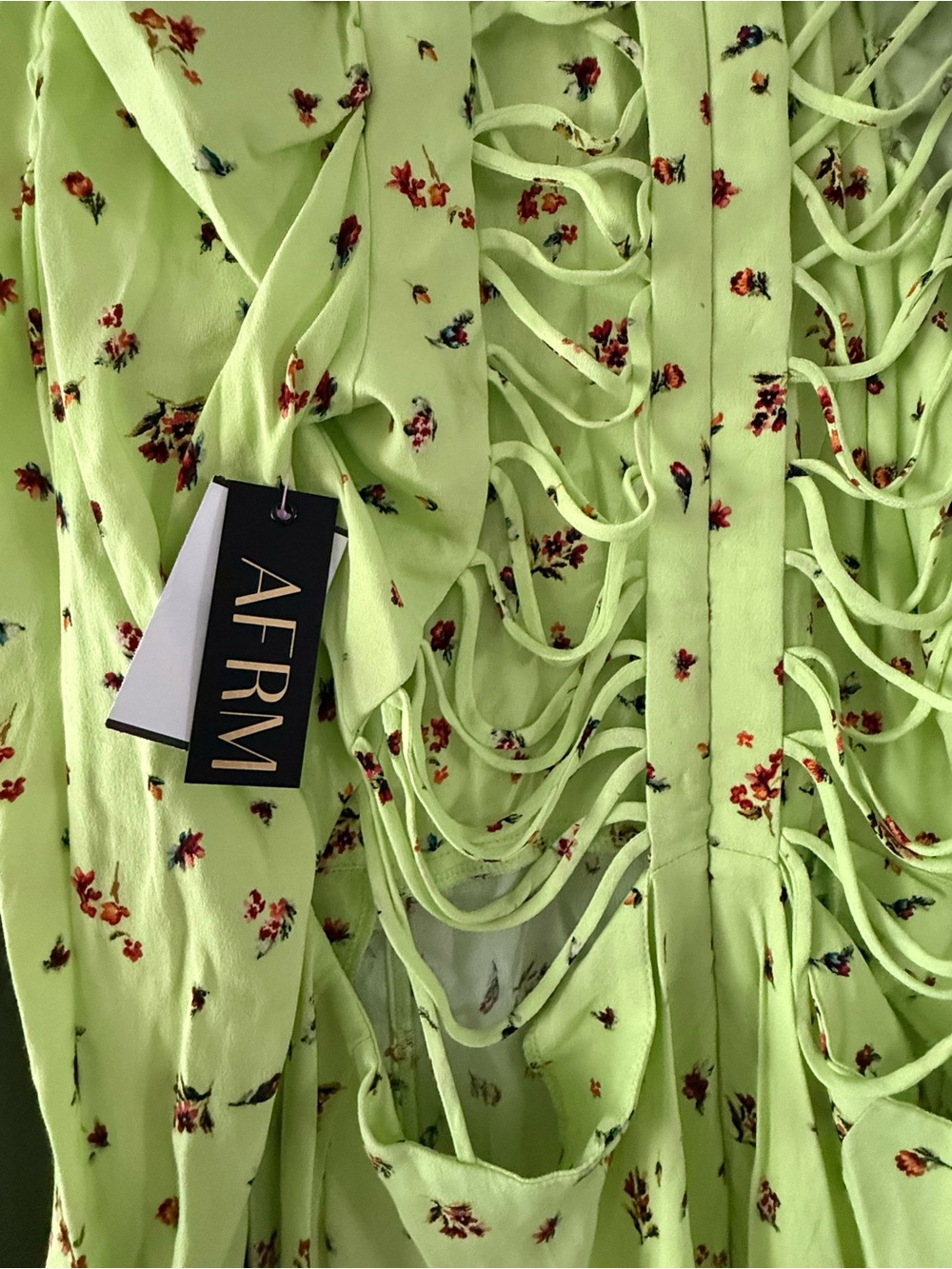 AFRM Lime Green ditsy Floral Midi Dress with Lace-Up Back